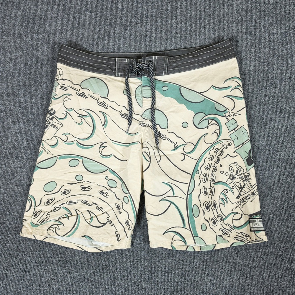 Quiksilver Mens 36 Board Shorts Kraken Octopus Sea Monster Print Cream Teal Surf